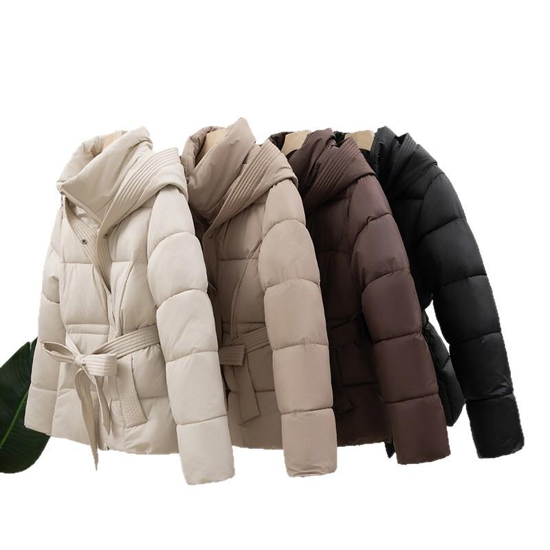 2025 New Korean Version Thickened Cotton-padded Clothes Women's Short Waist Slim-fitting Hooded Lace-up Warm Jacket