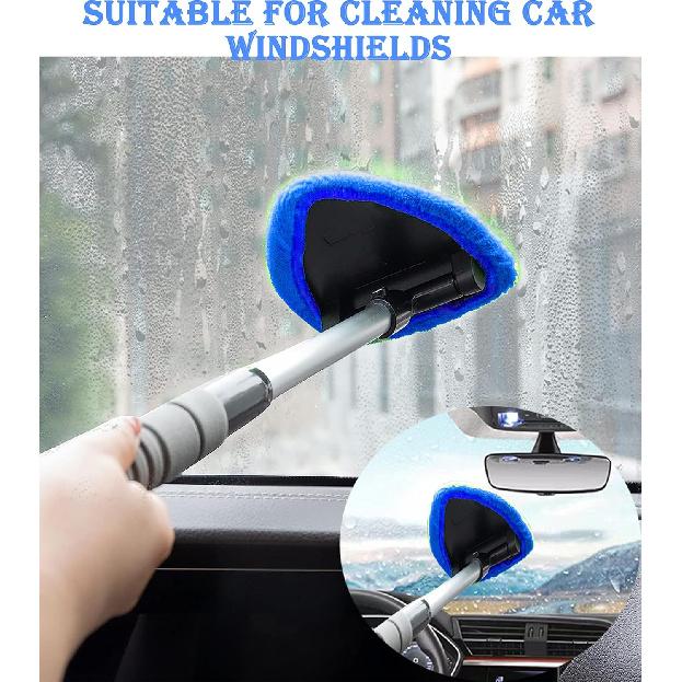 Windshield Cleaner Tool With Reusable Microfiber Pads - Car Window Glass Wiper Kit With Extendable Handle for Cleaning (1, Blue)