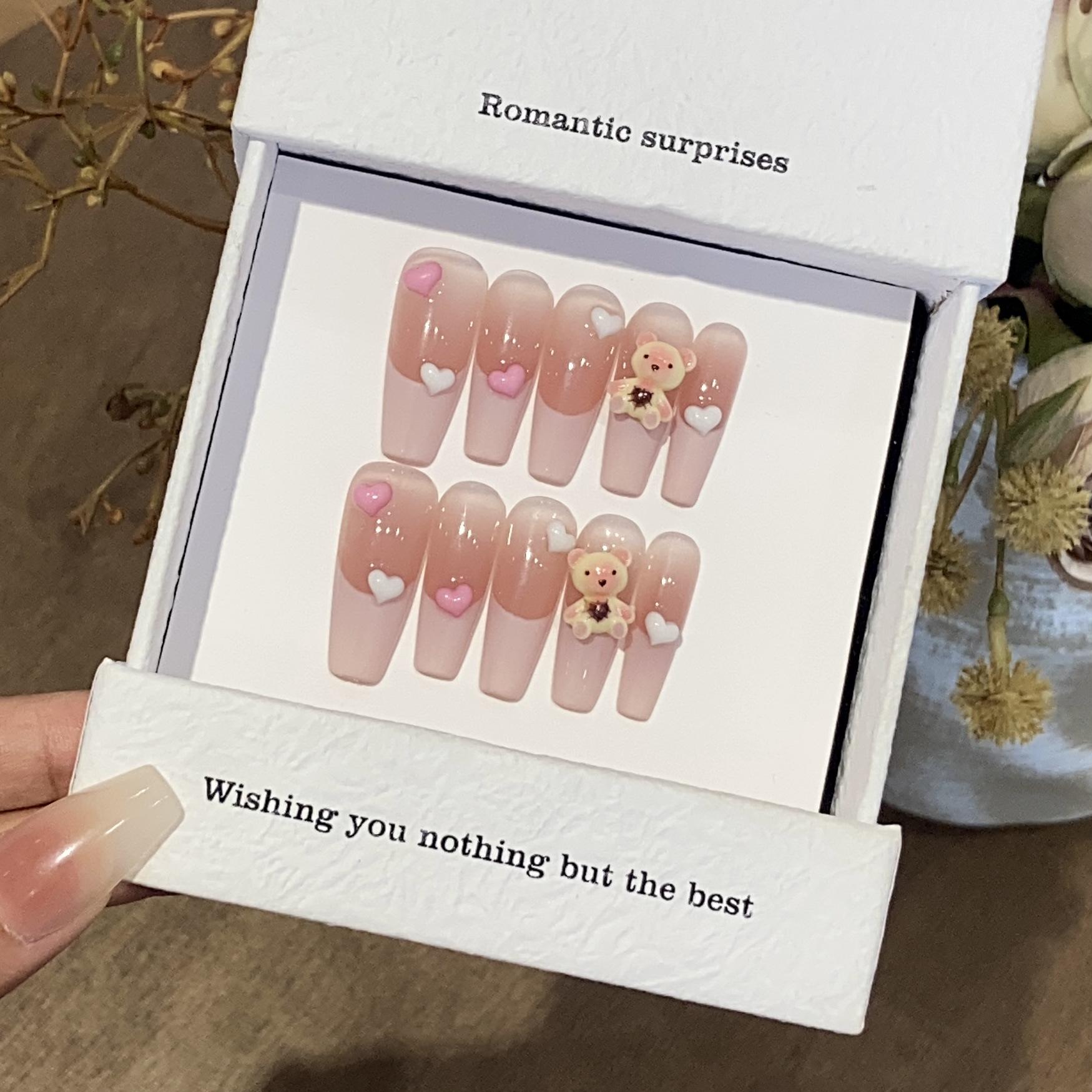 

Pure Handmade Cartoon Cute Blush Smudge French Bear Hug Sweetheart Manicure XS