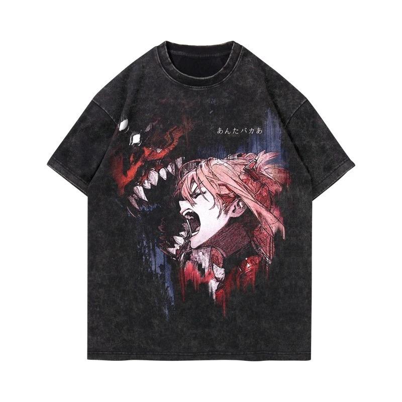 EVA 01 Herren Streetwear T-Shirt Vintage Gewaschen Übergroß Y2K Anime Bedrucktes T-Shirt Damen Harajuku Baumwolle Lässig Kurzarm Kleidung
