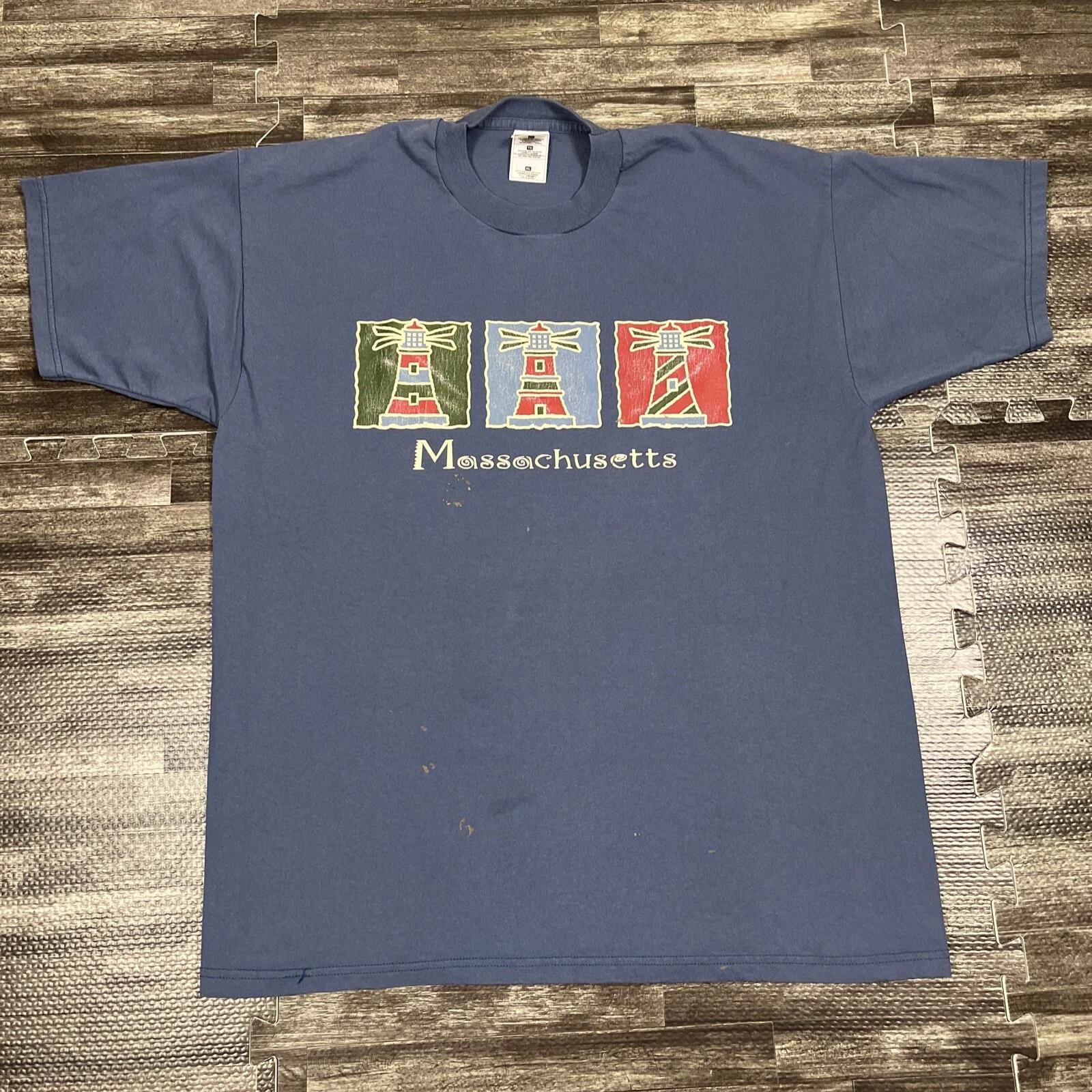 Vintage Massachusetts Lighthouse Graphic Tshirt Blue XL Casual VTG Read Desc L