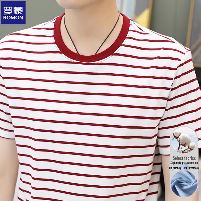 ROMON Men's Cotton Blend Striped Round Neck Short Sleeve T-Shirt