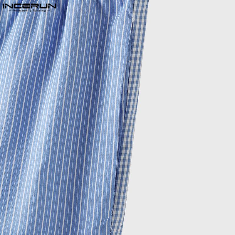 INCERUN Menn Elastisk midje Snøring Stripete bukser Rutet rutete Patchwork Homewear Bukser