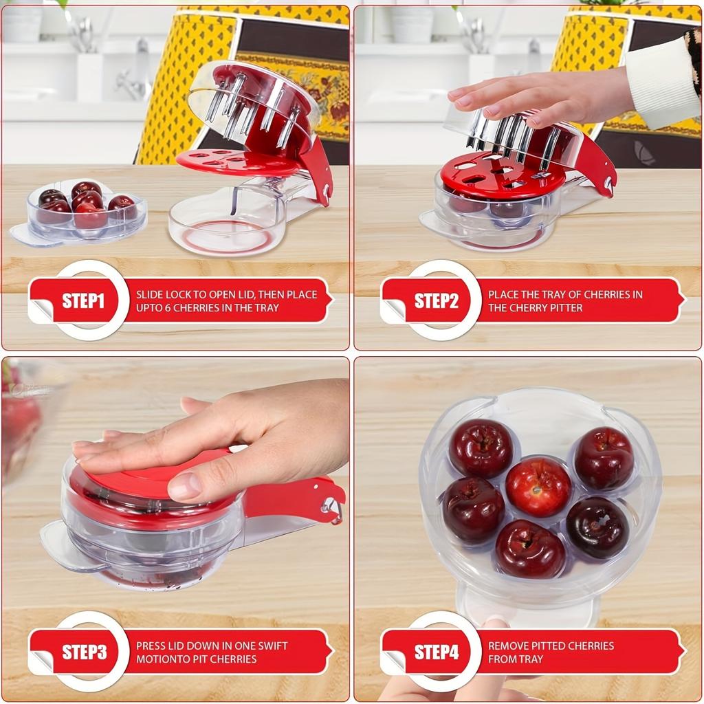 6 in 1 Cherry Pitter Tool with Ergonomic Handle , Portable, Mess Free Seed Remover for Cherries, Jujube , Dates, Easy Clean Silicone Design,