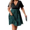 Women's Big Size Fashion Casual Loose Splicing Printed V-Neck Short Sleeve Tied Pleated Dresses