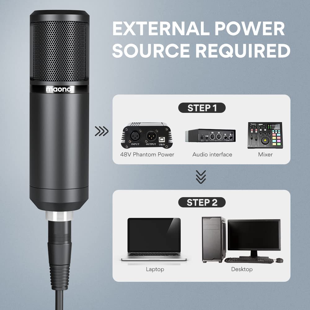 MAONO XLR Microphone, Condenser Microphone Set, Unidirectional Streaming Microphone with Arm Stand and XLR-XLR Cable for Sound Systems, Amplifiers,