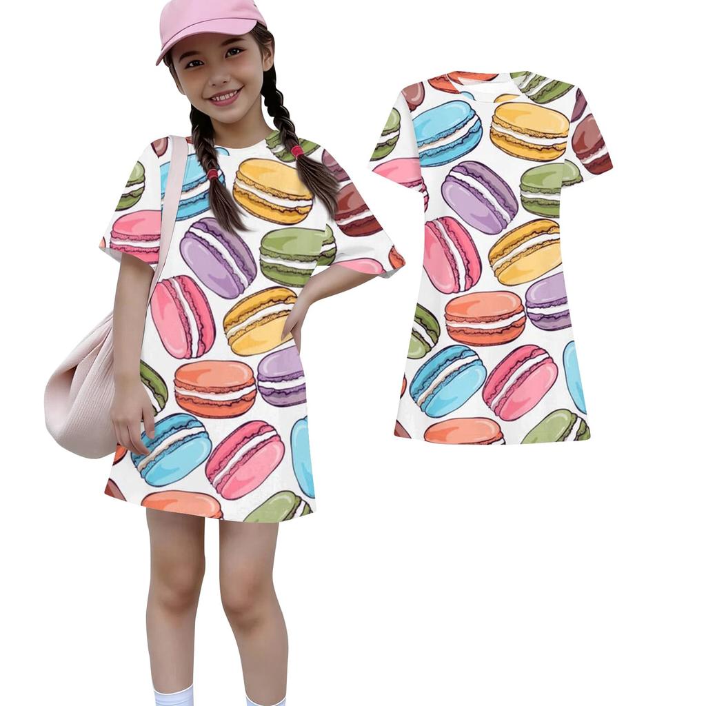 Girls Print Casual Dress Kids Loose Round Neck Short Sleeve Thin Sundress