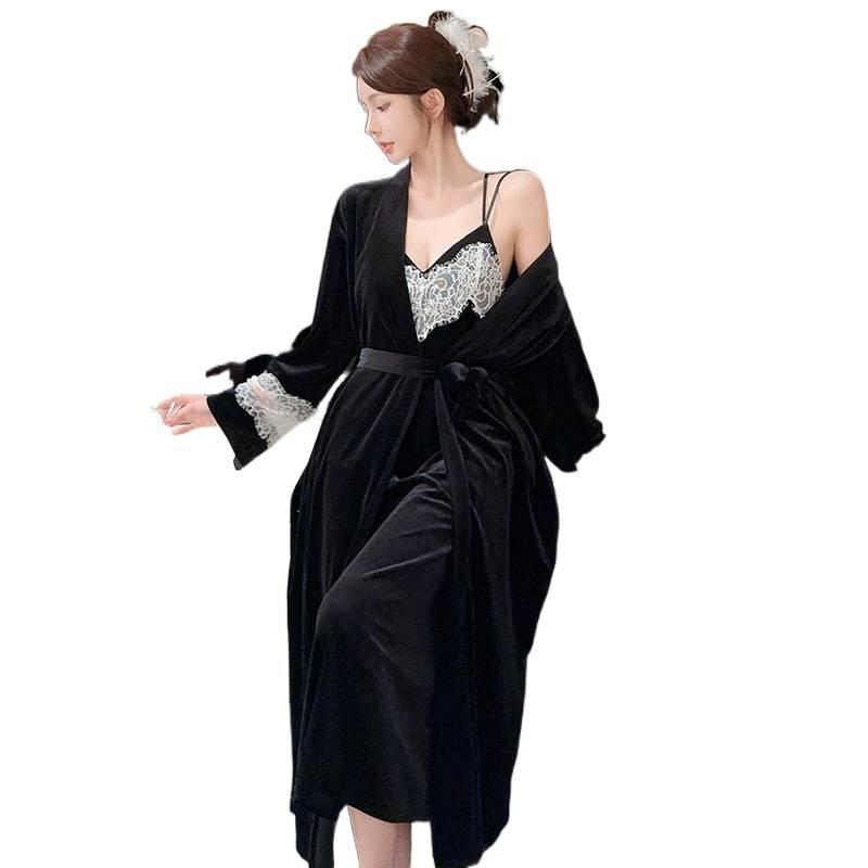 New Velvet Autumn and Winter Golden Velvet Pajamas Women's Sexy Suspender Robe Set Lace Lace with Chest Pad Homewear