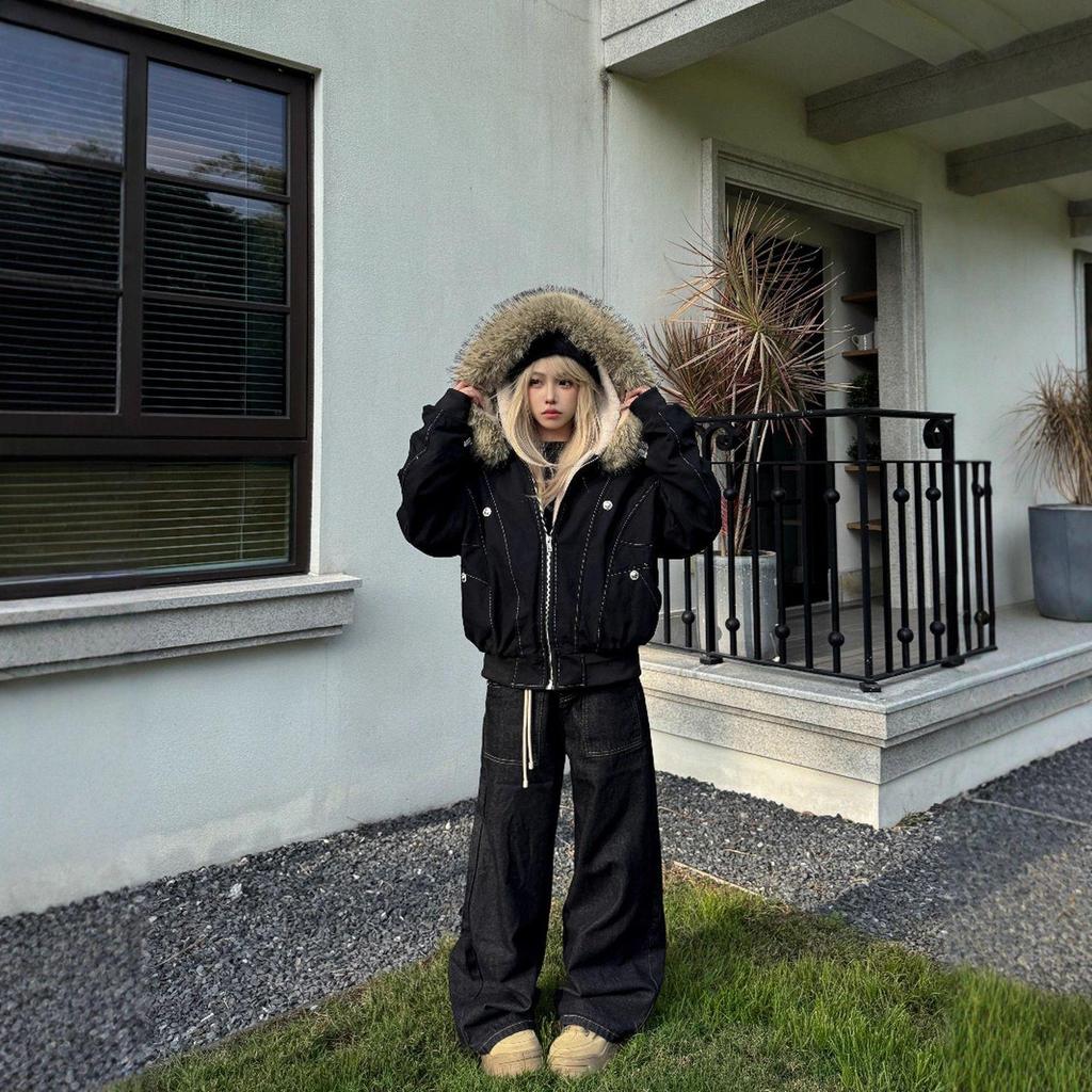 Women's Winter Guochao Zuo Furry Hooded Parka - Super Thick, Water-Washed, Loose Fit Cotton Coat