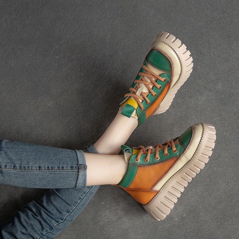 

Retro Patchwork Roman Boots Full Cowhide Thick Sole Height Increasing Women Boots 40 зелений