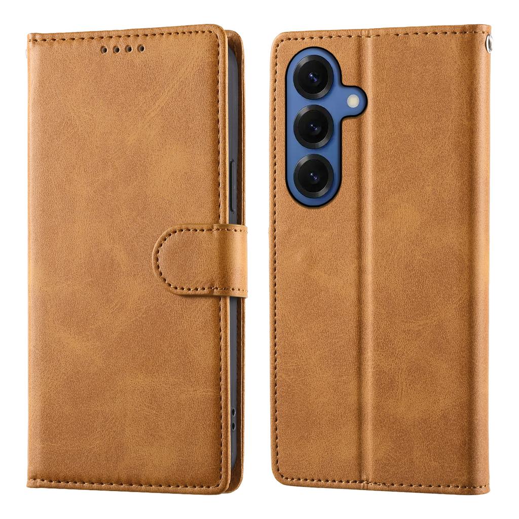 For Samsung Galaxy S26+ Case Stand Wallet Calf Texture PU Leather Flip Phone Cover with Wrist Strap