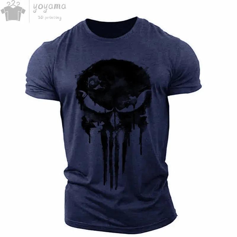Men Sports Casual O-Neck T-Shirt, Military Patriotic Skull Print Oversized Short Sleeve Tops