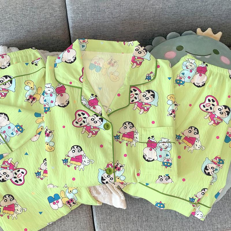 

Летняя пижама с коротким рукавом для женщин, мультяшная нишевая домашняя одежда, комплект из трех предметов из мятой ткани M