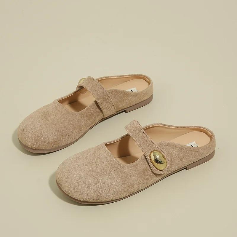 

Летние туфли-шлепанцы с круглым носком и плоским каблуком в корейском стиле для женщин, удобные, простые, универсальные, новая модель, в сказочном стиле, повседневные 40 хаки