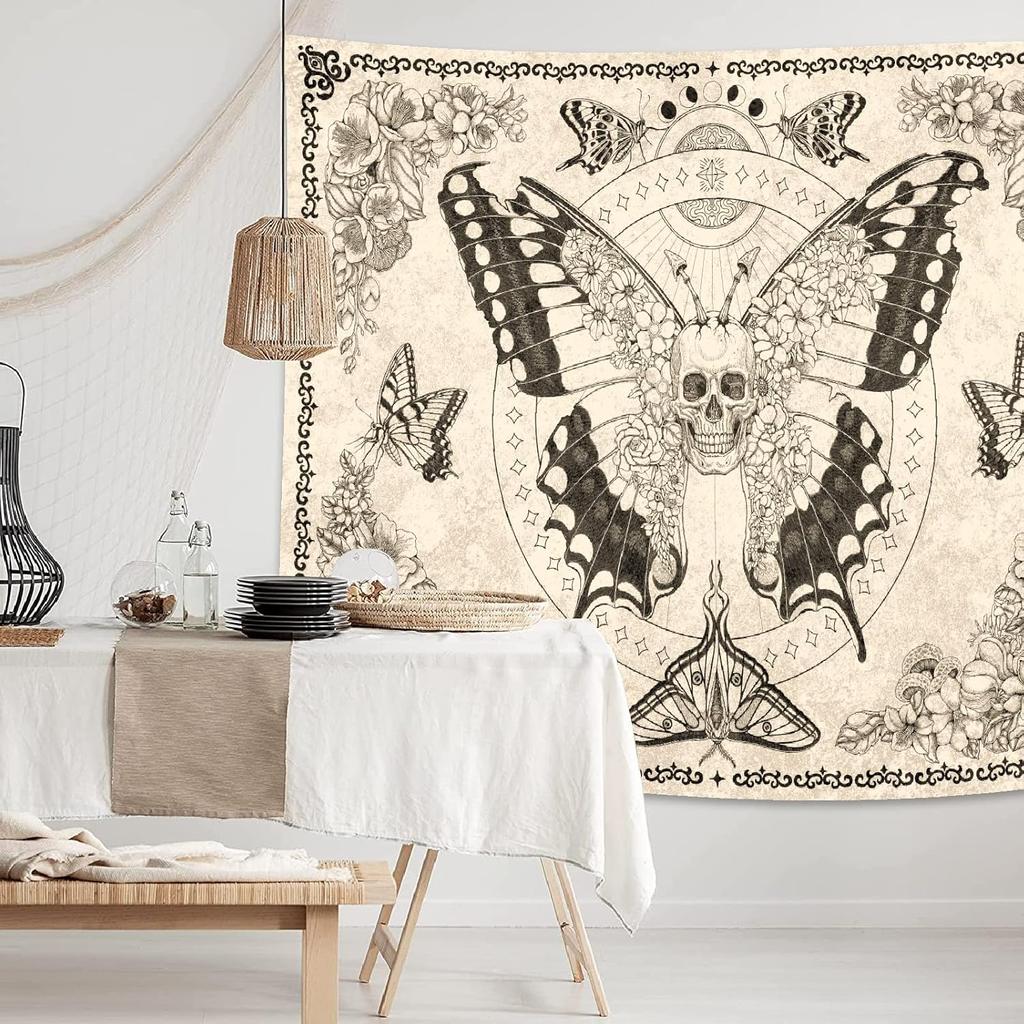 Boho Skull Tapestry Butterfly Floral Mushroom Moth Wall Decor Aesthetic Wall Hanging for Bedroom Goth Outdoor Docor Linen