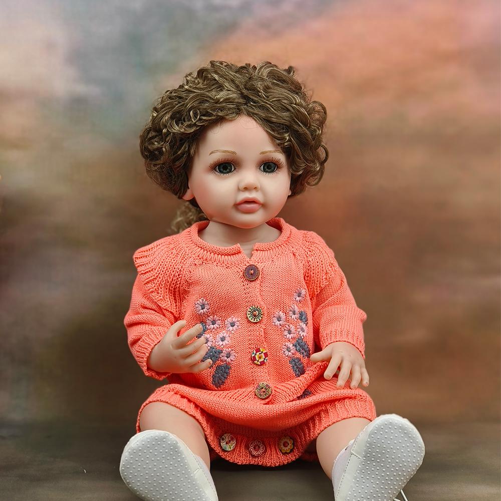 55cm Reborn Baby Doll Realistic Vinyl Girl Doll with Curly Hair Woolly Curls Cutie Knitted Outfit