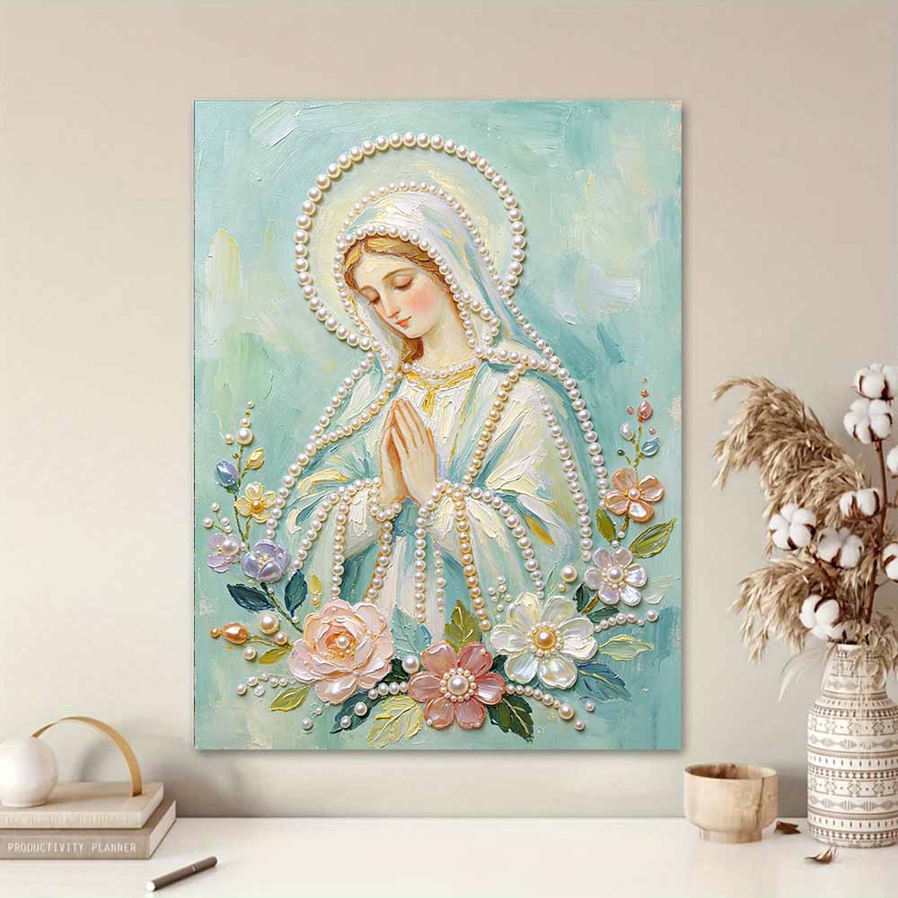 DIY Frameless Pearl Painting Kit Virgin Mary Praying 3D Shiny Bead Art Canvas Relaxing Creative Craft for Home Wall Decor Gift