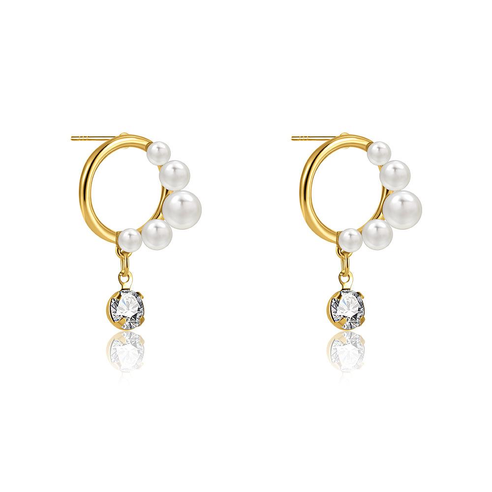 18K Gold Round Stud Earrings, Zircon Imitation Pearl Earrings, Vintage French Court Ear Jewelry
