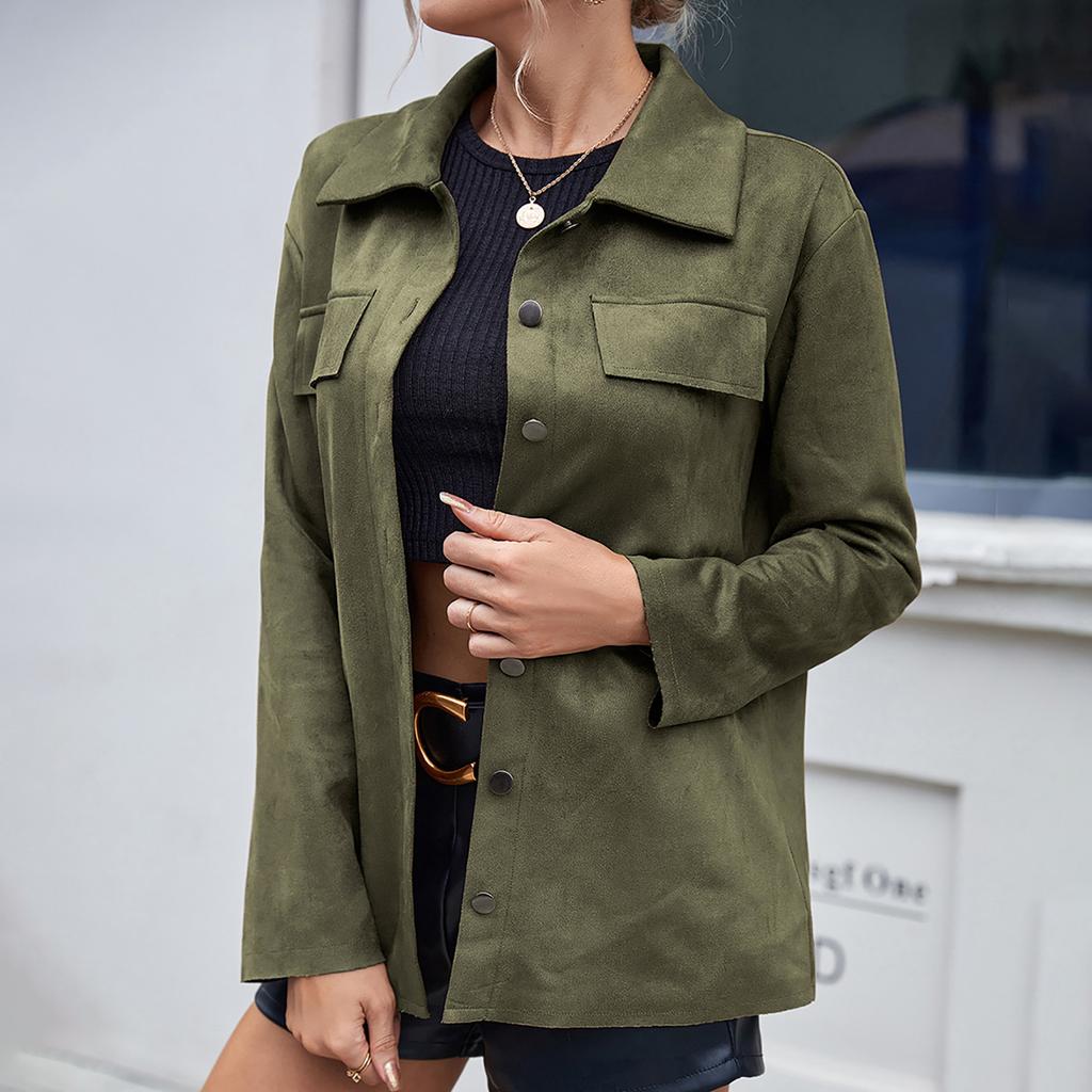 Women's Fashion- Solid Color Single-breasted Lapel Faux Deerskin Velvet Long-Sleeved Pocket Shirt Jacket