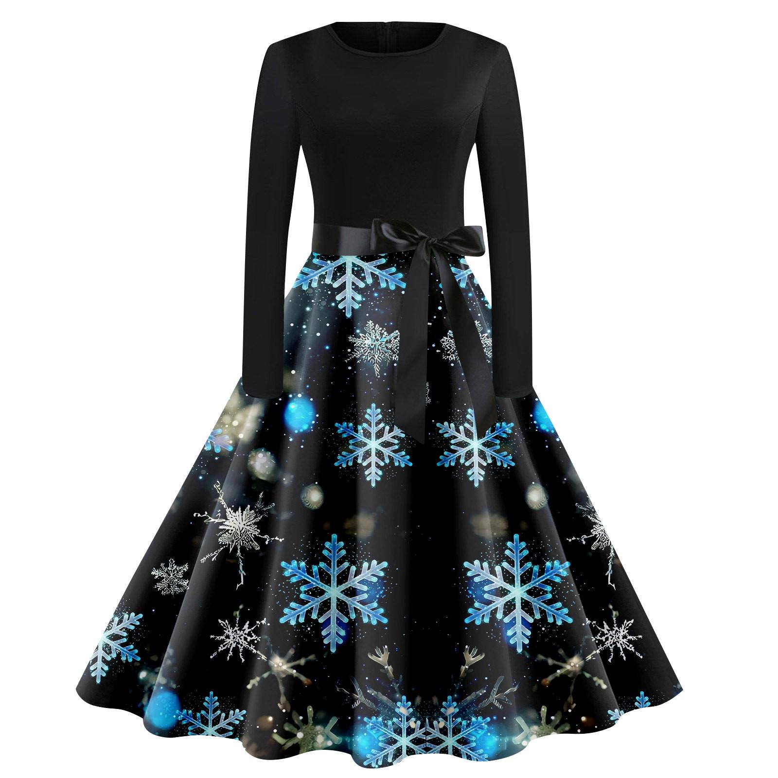 

Женское винтажное классическое платье с воротником на талии и галстуком-бабочкой с длинными рукавами и рождественским принтом, с круглым вырезом, свободное платье XXL