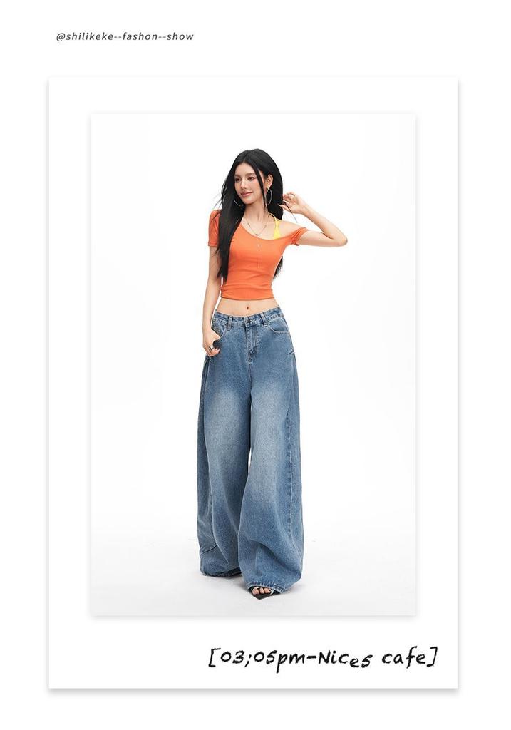 Retro pleated design wide-leg jeans spring and summer new high-waisted and thin loose floor-mopping straight-leg pants for women
