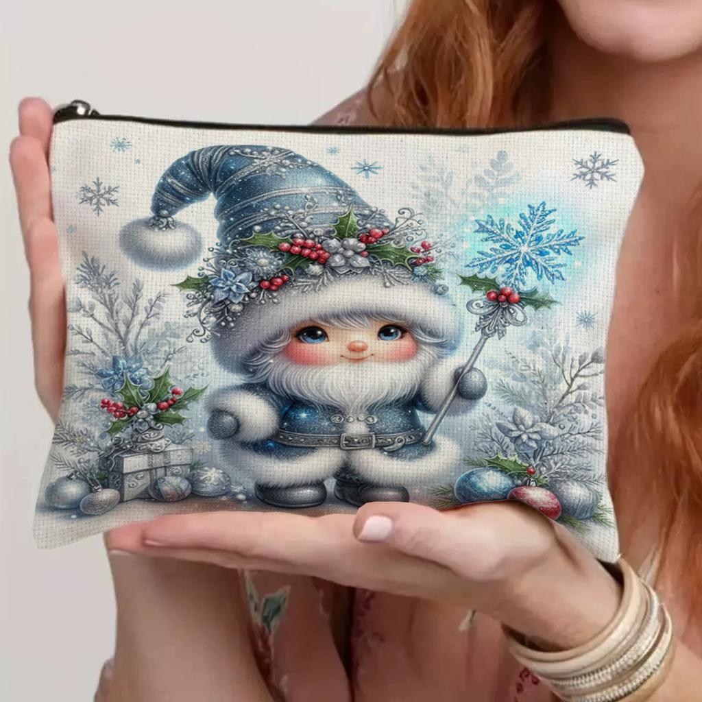 Christmas Gnome Makeup Bag Watercolor Snowflake Pouch Portable Storage Organizer Women Girls Travel Toiletry Bag School Pencil Case Holiday Xmas Gift