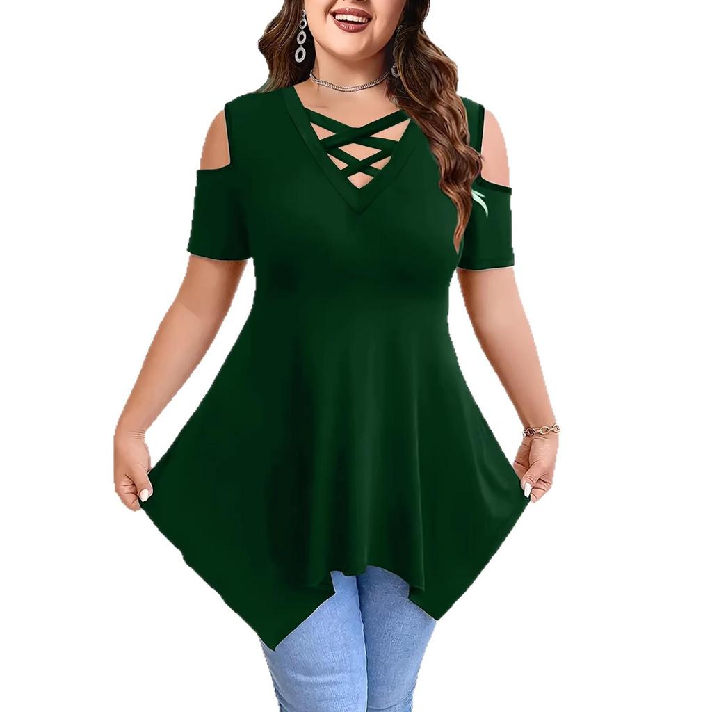 V-Neck Off-Shoulder Strap Short-Sleeve Plain Women's T-Shirt Top