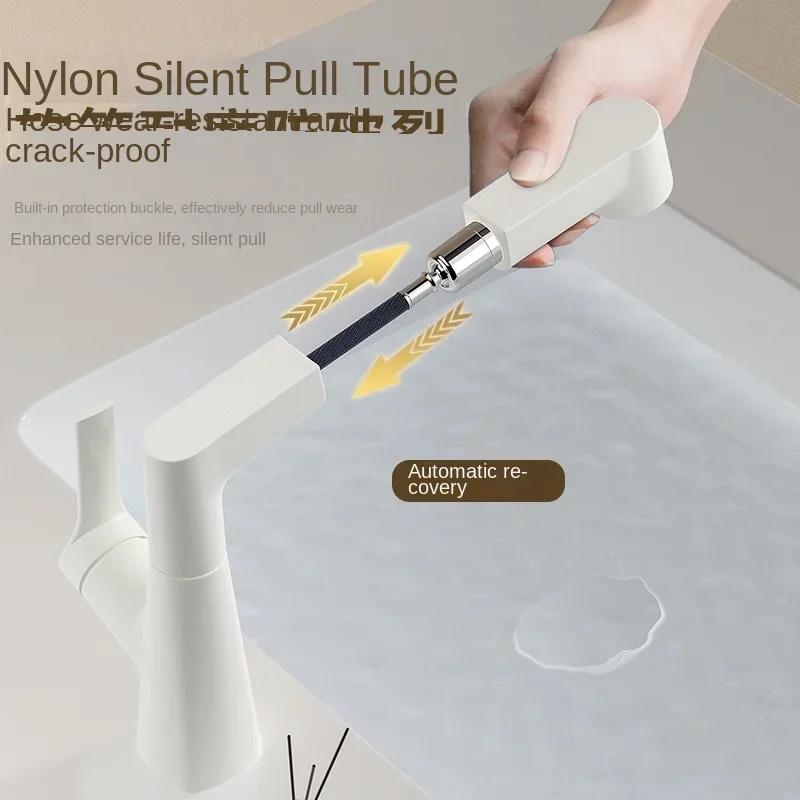 White Pull-Out Wash Basin Faucet | 360° Swivel Lift Design | Hot & Cold Multi-Function for Bathroom