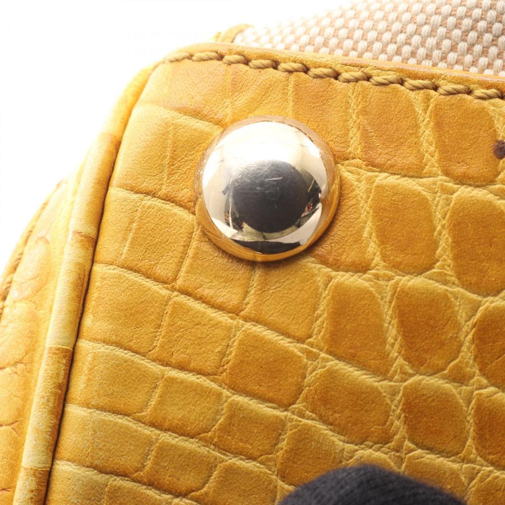 Used CELINE Embossing Shoulder Bag canvas leather Beige Yellow Used Women