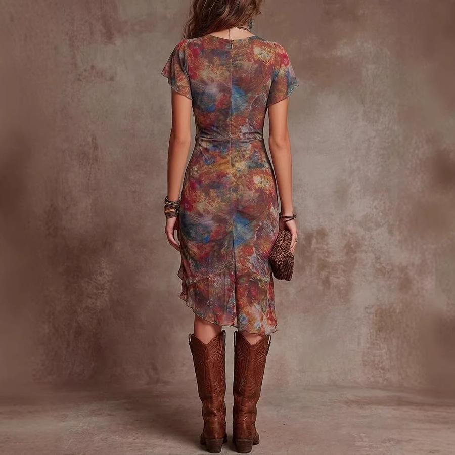 Sonderangebot Bedrucktes V-Ausschnitt Figurbetontes Taillen-Modekleid für Damen