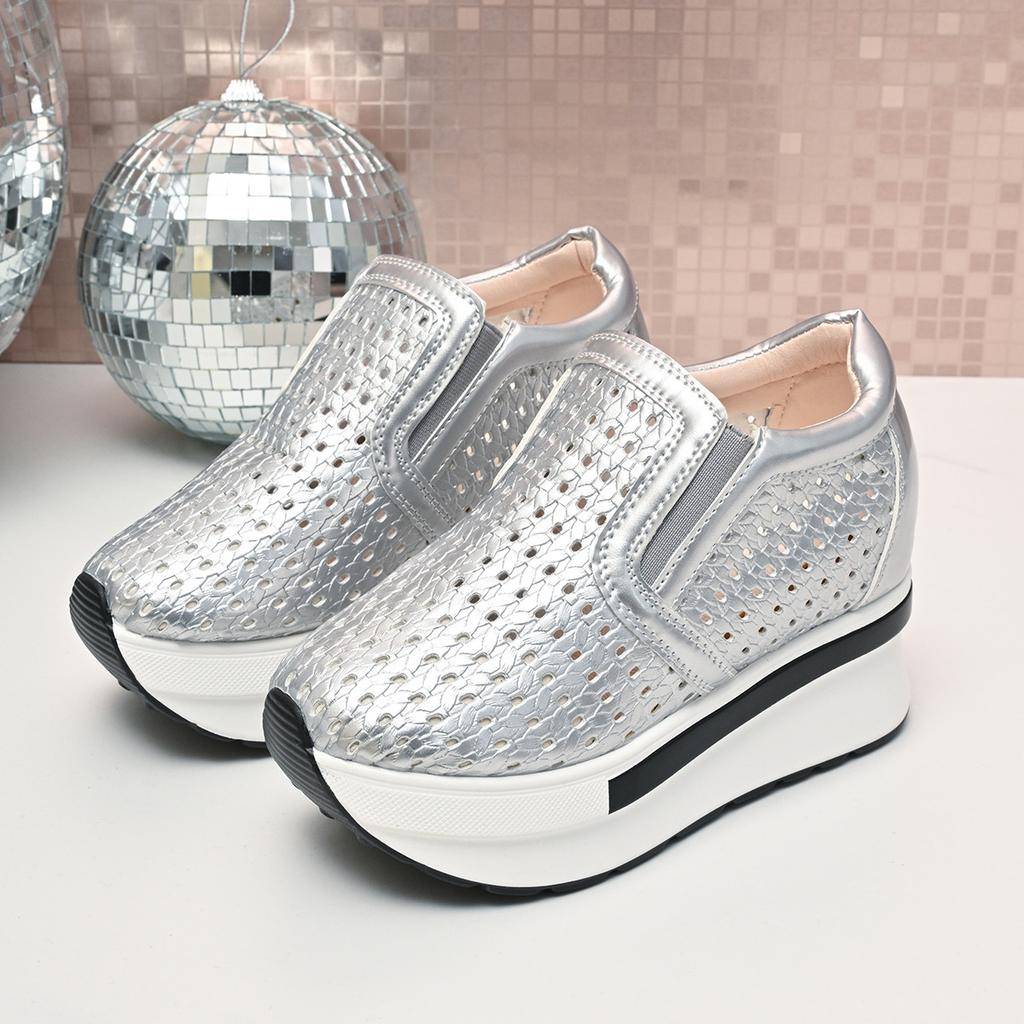 Fashion New Hollowed Out Vulcanize Shoes Female 2025 Spring Autumn Solid Height Increase Women's Shoes Casual Slip On Platform Sneakers