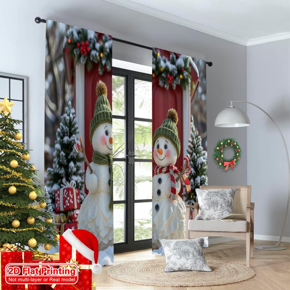 2pcs 2D Flat Printing Merry Christmas Popular Curtains Snowmen Christmas Door Gifts 100% Polyester Fabric Without Electricity