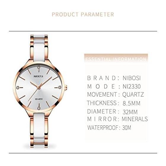 NIBOSI Women's Watch, Simple, Arm Watch, Ceramic, White, Waterproof, Analog, Quartz, Brand, Stylish, Casual, Business, Stainless Steel, For Women,