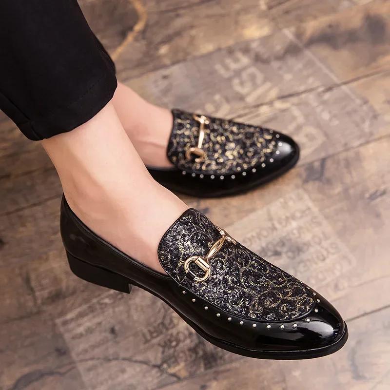 Shiny Leather Shoes for Men Platform Dress Shoes Slip On Men Loafers Party Designer Wedding Footwear Para Hombres