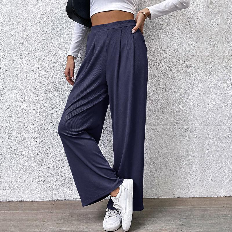 2024 Women's Autumn Solid Color Wide Leg Ribbed Casual Pants with Elastic Waist