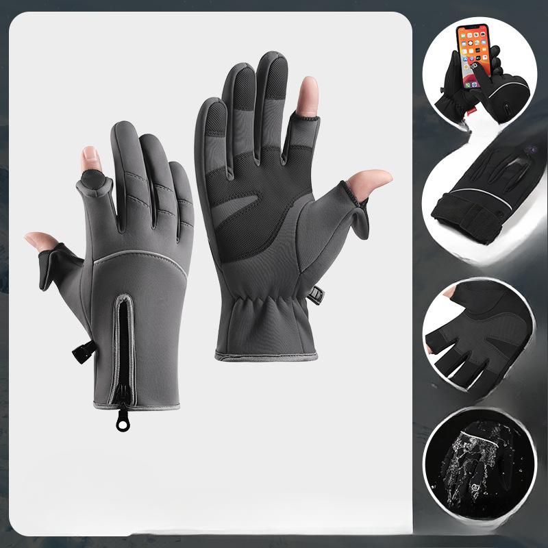 Cycling Gloves Two Finger Men's New Winter Outdoor Anti Slip Plus Velvet Warm and Cold Touch Screen Riding Gloves
