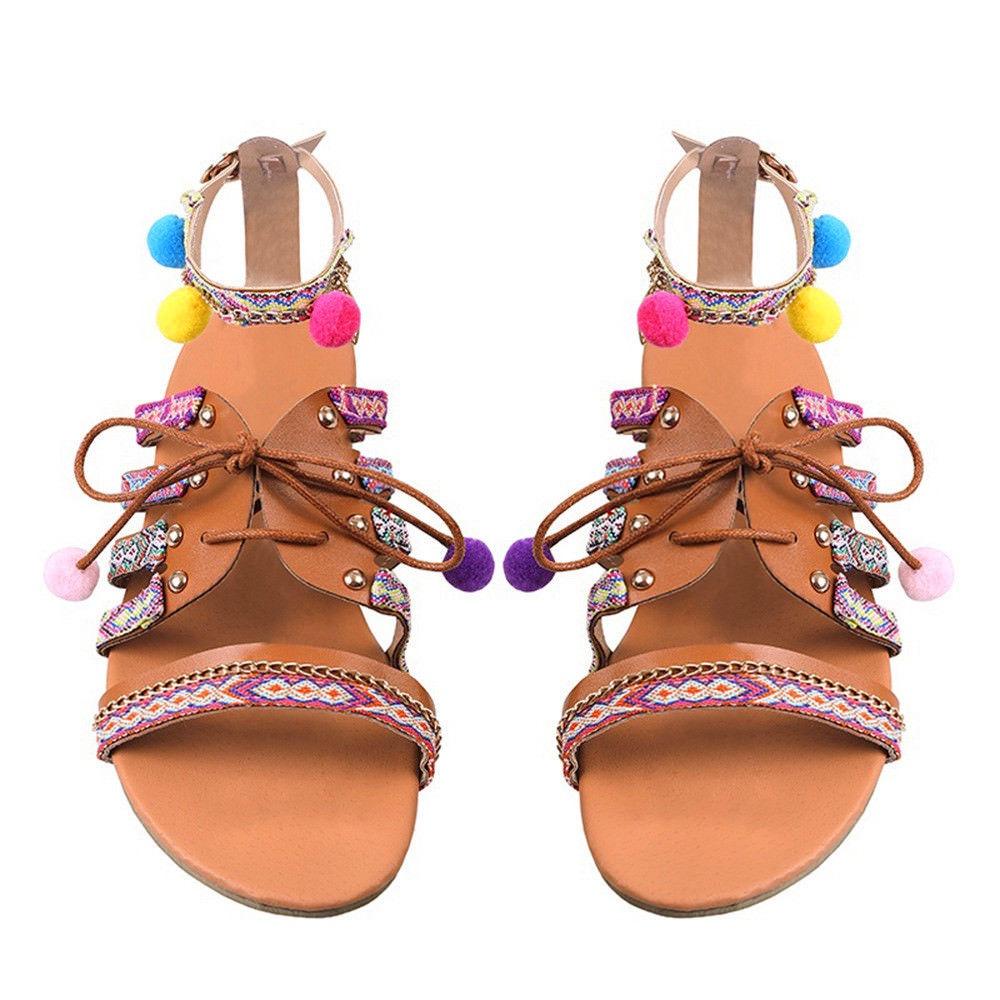 

Elegant Women Bohemia Sandals Gladiator Leather Flats With Colorful Pom-poms 41