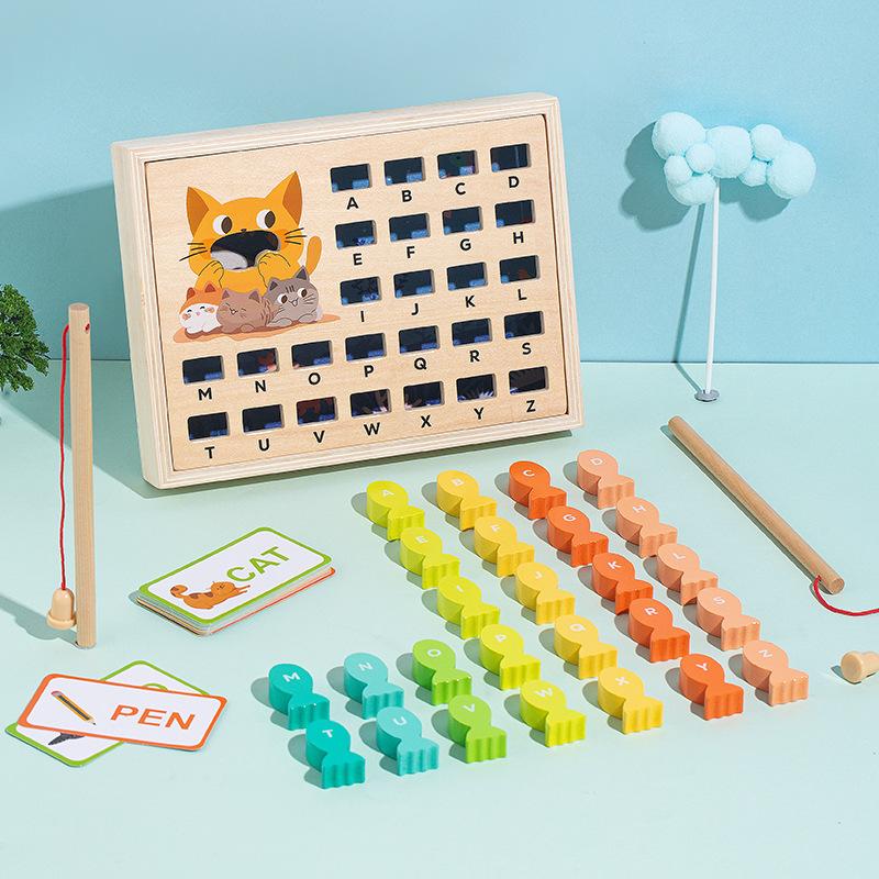 

Wooden children s early education magnetic fun kitten fishing game 26 letter words cognitive puzzle interactive toy