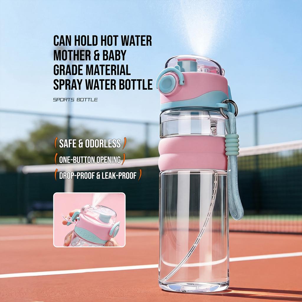 Spray Sports Water Bottle with Straw Direct Drinking Dual-Use Plastic Water Bottles for Outdoor Travel Office Walking