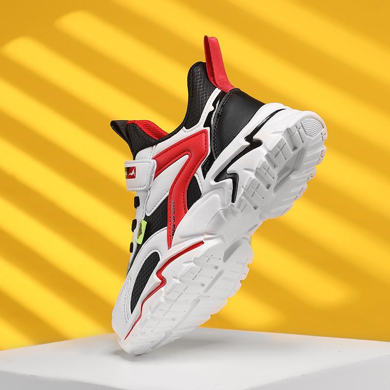 Boys' Autumn New Mesh Leather Splicing Sports Shoes Middle and Older Children's Students Solid Soft-soled Basketball Shoes Are Handsome and Trendy