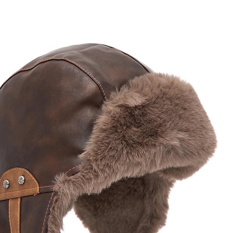 PU Pilot Bomber Hat Men Autumn Winter Warm Plush Thick Cycling Windproof Ear Protection Cap