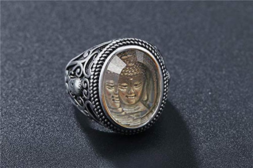 Rockyu Silver Stainless Steel Buddha Statue Seal Unique Religious Protection from Good Amulet Christmas Fashion Accessory Men's Ring, Ring, Ring,