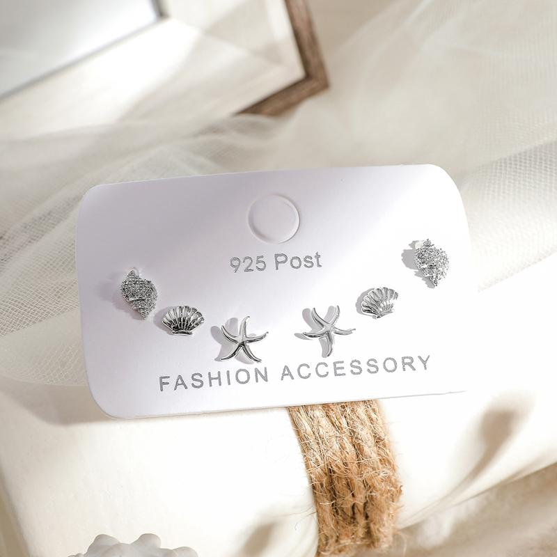 ANENJERY New Fashion Conch Starfish Shell Zircon Stud Earrings Set For Women Friend 6-piece Earrings Set Jewelry Gift S-E1209