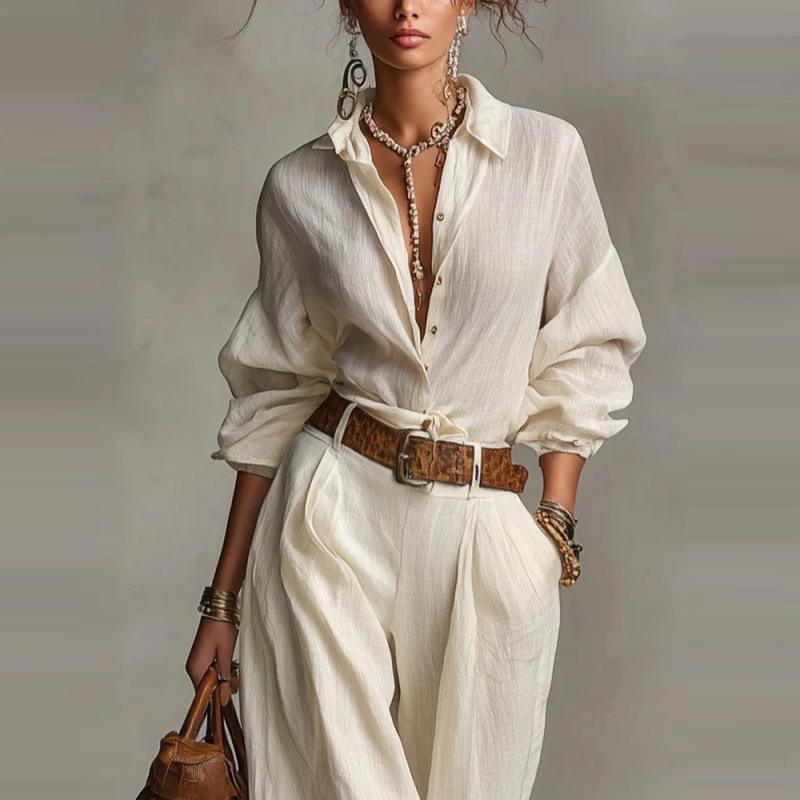 Women's Solid Color Long Sleeve Button Shirt & Pocketed Pants Set - 2025 Fashion