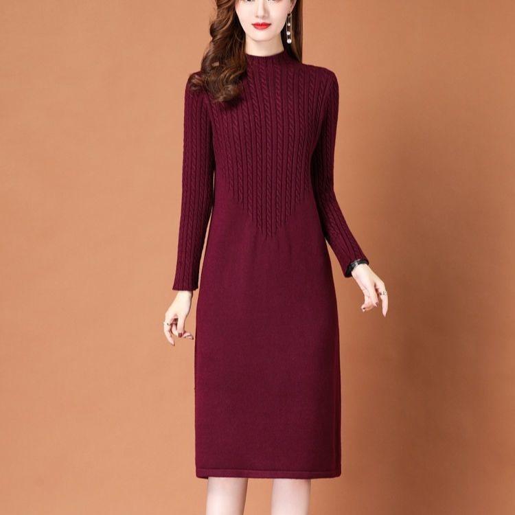 Strikket kjole med halv høy hals for kvinners høst- og vinterdekorasjon Ensfarvet genser-kjole Langermet hverdagskjole