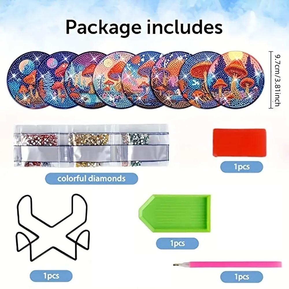 8 Pieces/set Mushroom House World Diamond Painted Coaster Set with Bracket DIY Coaster for Beginners and Adults, Art and Crafts Supplies Gift