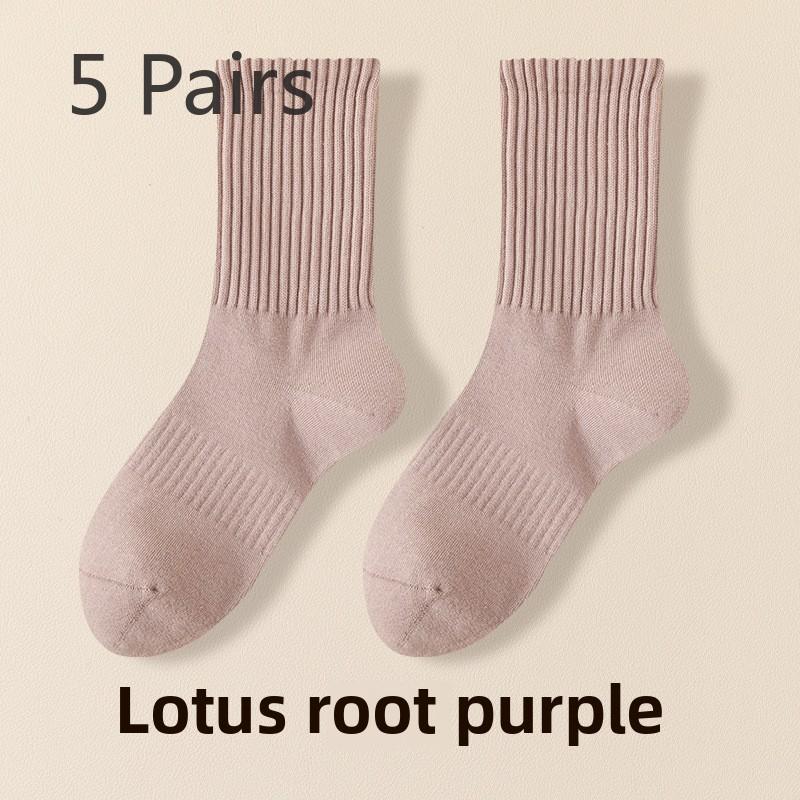 5 Pairs of Women's Spring and Fall Solid Color Sports Cotton Tide Mid Tube Pile Socks