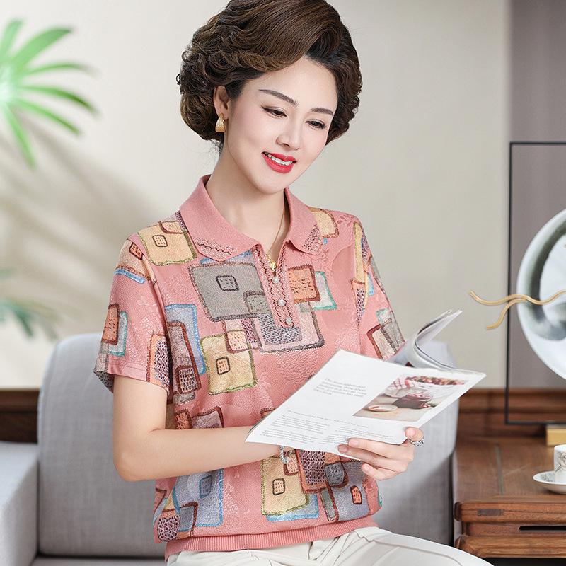 Mom's Fashionable 2026 Short-Sleeve Ice Silk Blouse with Lapel for Middle-Aged Women