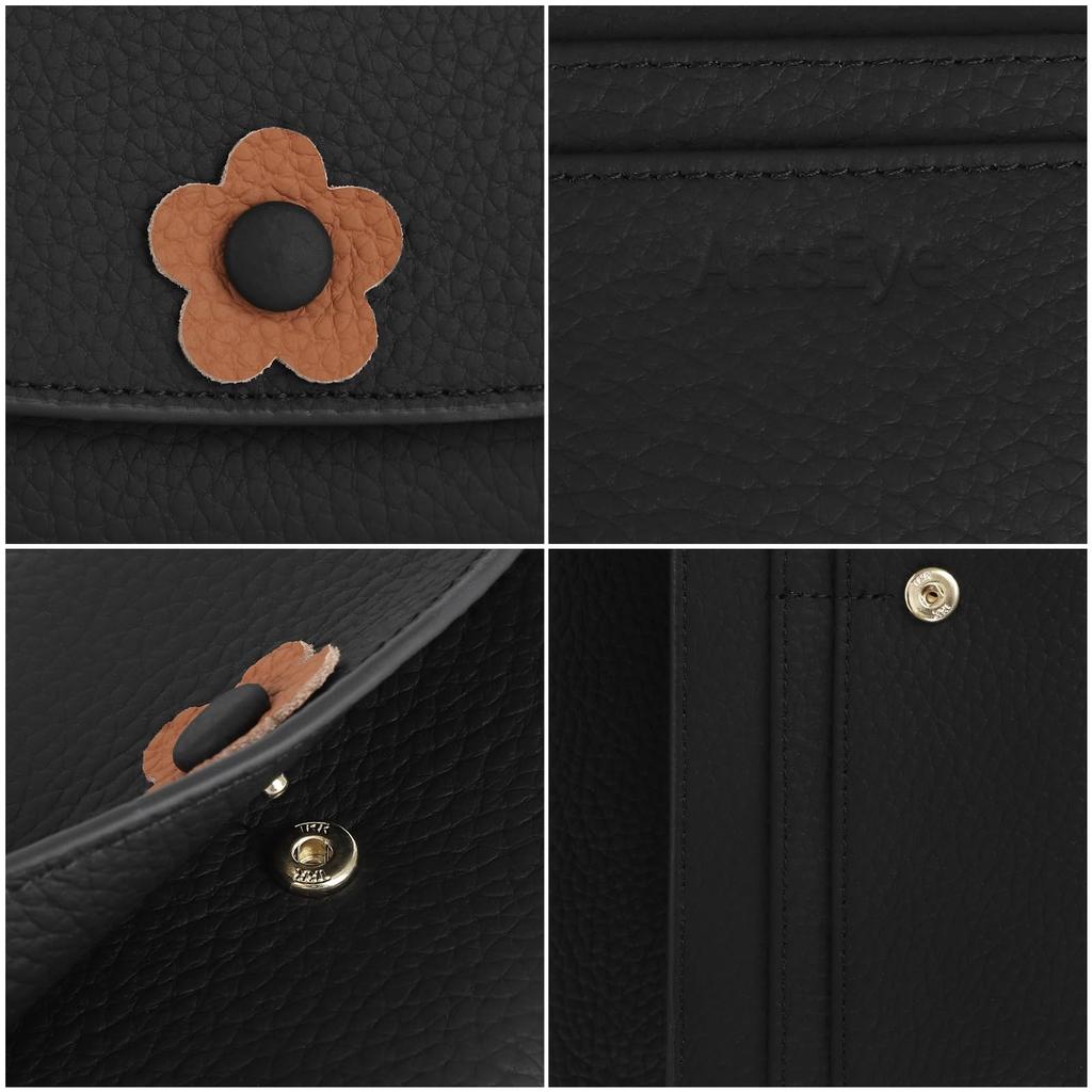 ArtsEye Women's Genuine Leather Long Wallet, Large Capacity, Slim, with Flap Button, Coin Purse, Card Case, and RFID (6772-black)