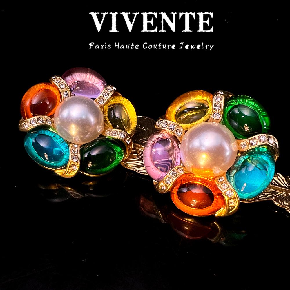 

Original Retro 18K Gold Multi-Colored Glass Medieval-Style Non-Piercing Ear Clips